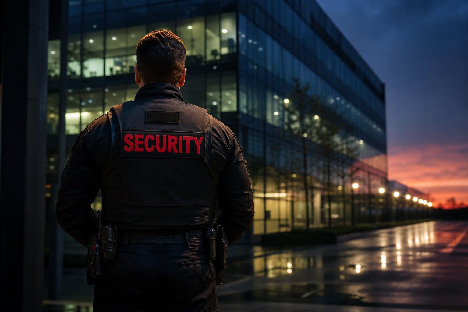 Professional security officer outside modern office